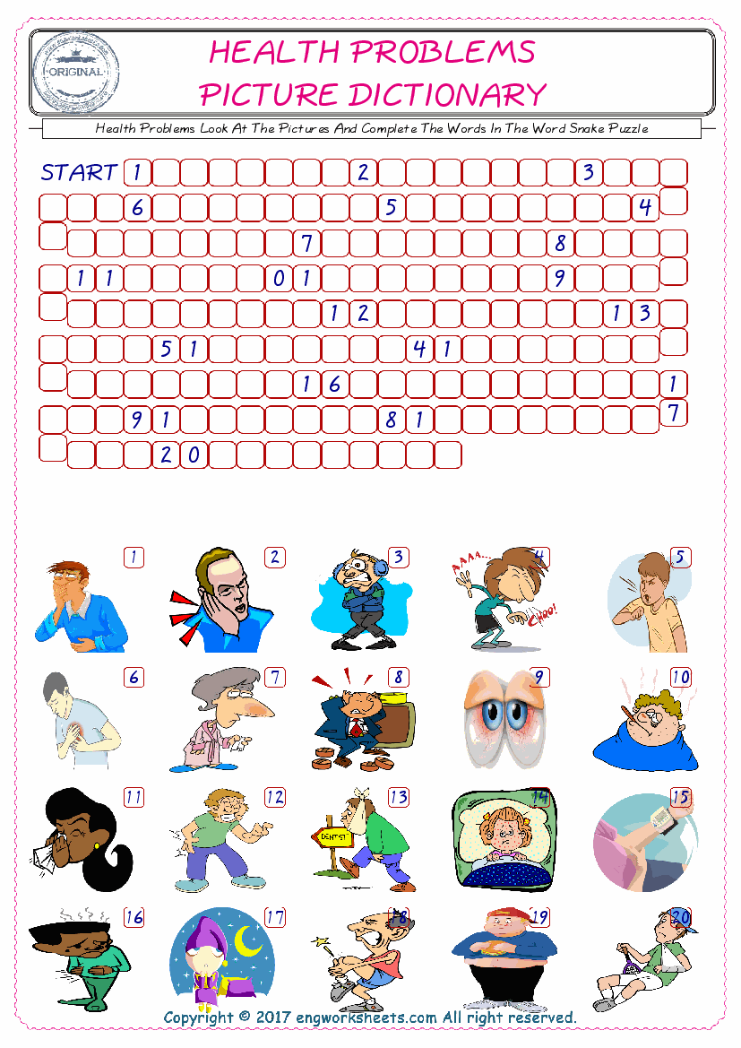  Check the Illustrations of Health Problems english worksheets for kids, and Supply the Missing Words in the Word Snake Puzzle ESL play. 